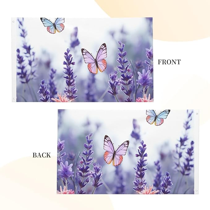 Lavender Flower Background with Butterflies Flag 3x5 Ft Outdoor Flags Double Sided Garden Flag Funny Outside Yard Flag Party Banner for Wall Art Hanging Poster Indoor Outdoor Decoration