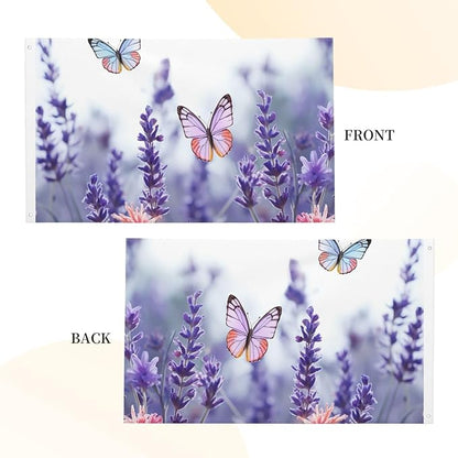 Lavender Flower Background with Butterflies Flag 3x5 Ft Outdoor Flags Double Sided Garden Flag Funny Outside Yard Flag Party Banner for Wall Art Hanging Poster Indoor Outdoor Decoration