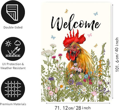 Floral Chicken Garden Flag Spring Summer House Flags 28x40 Double Sided Farmhouse Rooster Yard Flags for Outside Large Outdoor Welcome Flags Farm Chicken Coop Decor