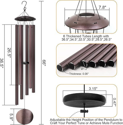 66" Large Wind Chimes for Outside Deep Tone, 6 Thickened ⌀ 1.2" Tubes Tuned Relaxing Melody Wind Chime, Windchimes Outdoors for Garden Patio Decor, Great Gift Idea for Your Loved One (Bronze, 66")