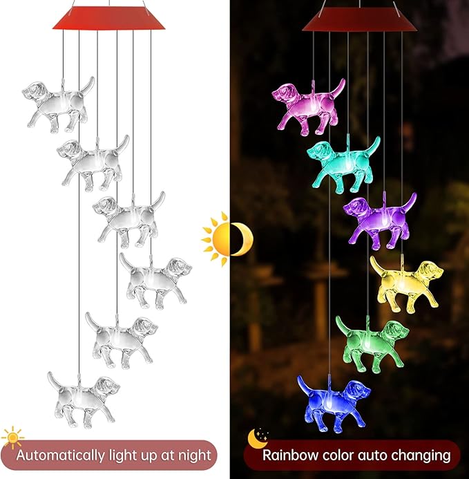 Dog Solar Wind Chimes for Outside Colors Changing Lights Outdoor Waterproof Multicolor Wind Chime Gifts for Mom Grandma Mobile Hanging Windchimes for Garden Party Yard Window Decor