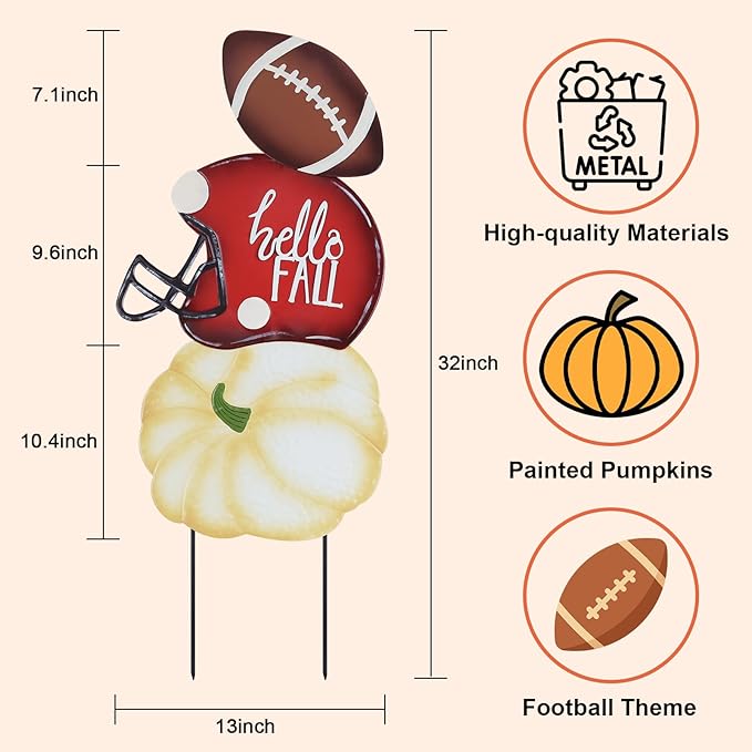 hogardeck Fall Decorations for Home Outdoor, 32" Decorative Garden Stakes with 3 Stacked Pumpkin Football Helmet for Fall Decor, Metal Yard Signs for Garden Home Lawn Patio Thanksgiving Decorations
