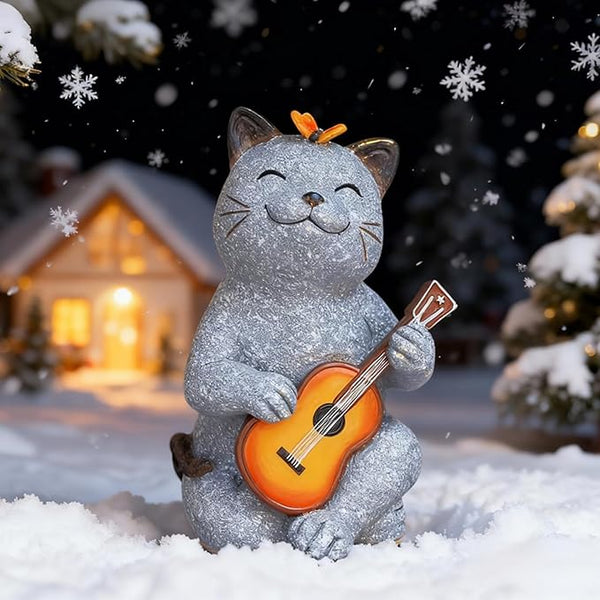 Cat Garden Statue Outdoor Decor, Cat Sculpture with Guitar and Butterfly for Yard Lawn Patio Balcony, Christmas Birthday Housewarming Gifts for Mom, Grandma, Women, 8.8 inch, Resin