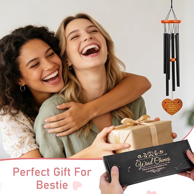 Friendship Gifts Wind Chimes for Outside – Bestie Gifts Engraved Wooden Heart with Gift Box & Card, Birthday Gift for Best Friend Women, Garden Patio Hanging Decor