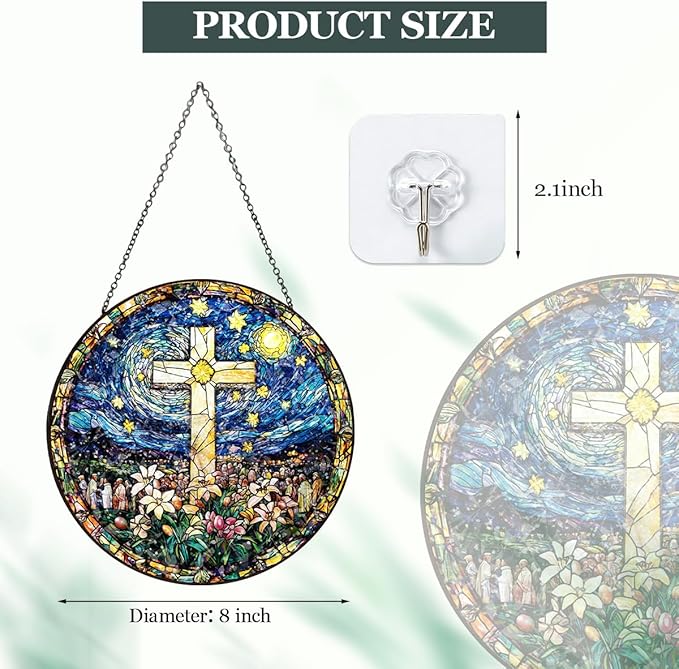 Christian Cross Stained Glass Hanging, 8 Inch Sun Catcher Outdoor Window Decor Religious Floral Glass Ornament with Chain for Easter Christmas Home, Mother's Day Christian Gifts