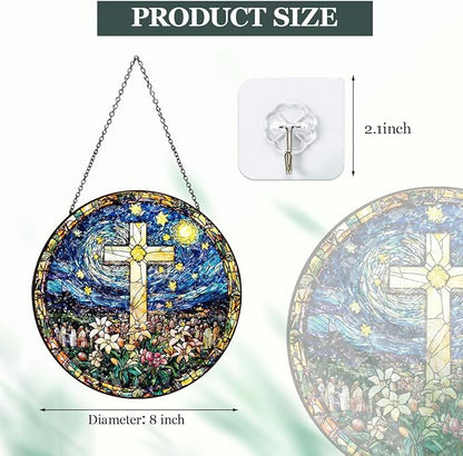 Christian Cross Stained Glass Hanging, 8 Inch Sun Catcher Outdoor Window Decor Religious Floral Glass Ornament with Chain for Easter Christmas Home, Mother's Day Christian Gifts