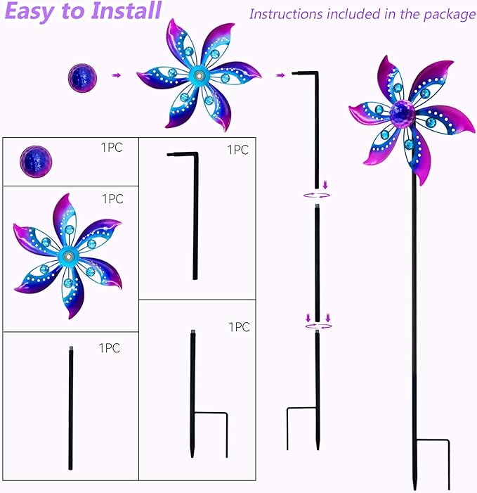 Wind Spinners Outdoor Metal, 10.63" W*37" H Pinwheels for Yard and Garden Decor, Kinetic Wind Sculpture Spinner Yard Art (Purple)
