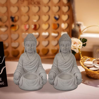 Kante 6.5" H Set of 2 Cement Composite Sitting Buddha Statues Ornament, Natural Concrete Indoor/Outdoor Tabletop Décor