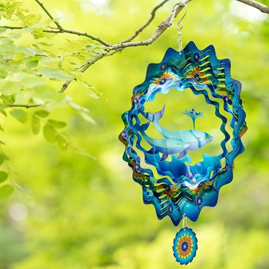3D Whale Wind Spinner for Outdoor Garden and Yard, 12 inch Kinetic Hanging Wind Sculpture Garden Decor, Metal Patio Art Memorial Gift for Women/Mom/Wife/Grandma &Holiday