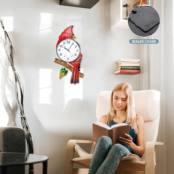 MUMTOP Cardinal Outdoor Clock Waterproof, 15.35 Inch Outside Wall Clock with Thermometer Combo for Patio Pool Garden Home Decor