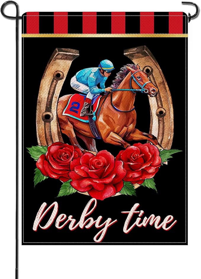 Artofy Derby Time Horse Racing Small Decorative Garden Flag, Kentucky Jockey Rose Flower Black Red Yard Lawn Outside Decor, Horseshoe Burlap Outdoor Home Decoration Double Sided 12 x 18