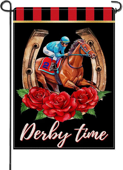 Artofy Derby Time Horse Racing Small Decorative Garden Flag, Kentucky Jockey Rose Flower Black Red Yard Lawn Outside Decor, Horseshoe Burlap Outdoor Home Decoration Double Sided 12 x 18