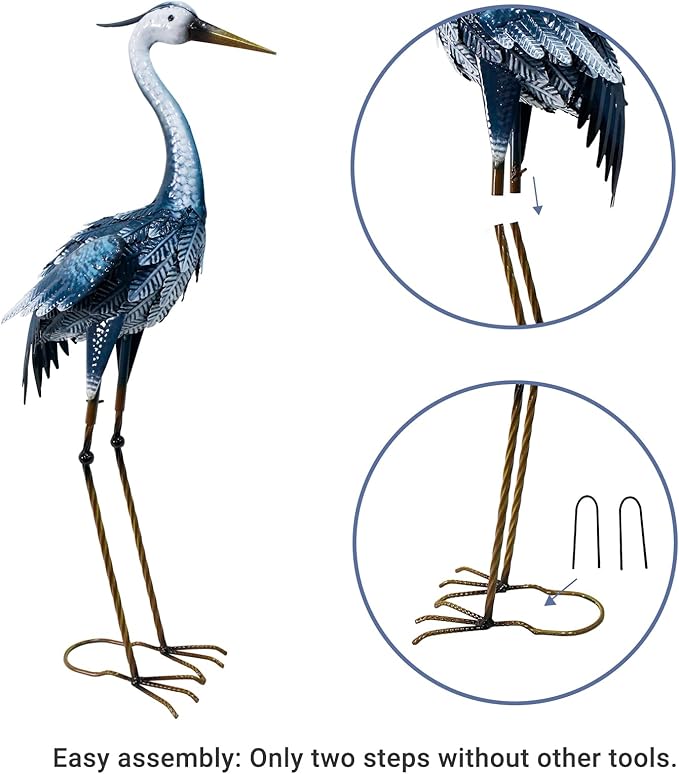 33-35 Inch Blue Heron Garden Statues, Metal Cranes Sculptures Outdoor, Bird Statues Set of 2
