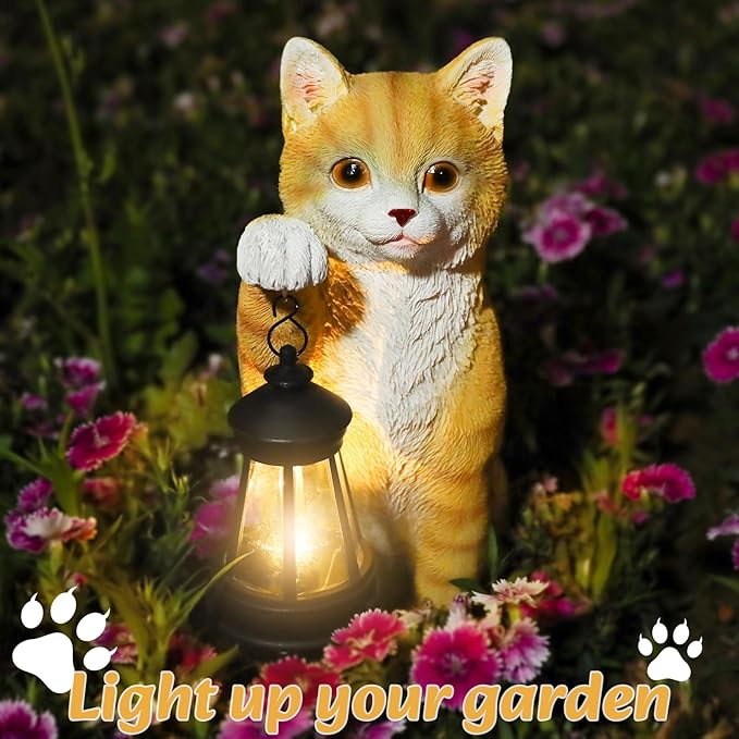 WONDER GARDEN Solar Cat Garden Statue - Outdoor Cat Statues, Cat Figurines with Solar Lantern Light for Patio, Yard, Lawn, Gardening Gifts for Women and Mom(11" Orange Cat)