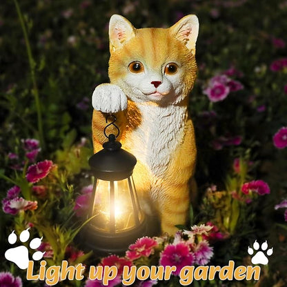 WONDER GARDEN Solar Cat Garden Statue - Outdoor Cat Statues, Cat Figurines with Solar Lantern Light for Patio, Yard, Lawn, Gardening Gifts for Women and Mom(11" Orange Cat)