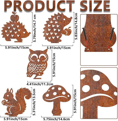 5Pcs Metal Squirrel Garden Stake for Wall Fence Rusty Garden Art Hedgehog Owl Mushrooms Squirrel Pattern Durable Iron Yard Sculptures for Pathway Patio Lawn Ornaments Ground Insert Decor