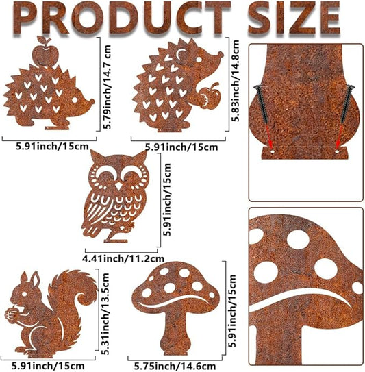 5Pcs Metal Squirrel Garden Stake for Wall Fence Rusty Garden Art Hedgehog Owl Mushrooms Squirrel Pattern Durable Iron Yard Sculptures for Pathway Patio Lawn Ornaments Ground Insert Decor