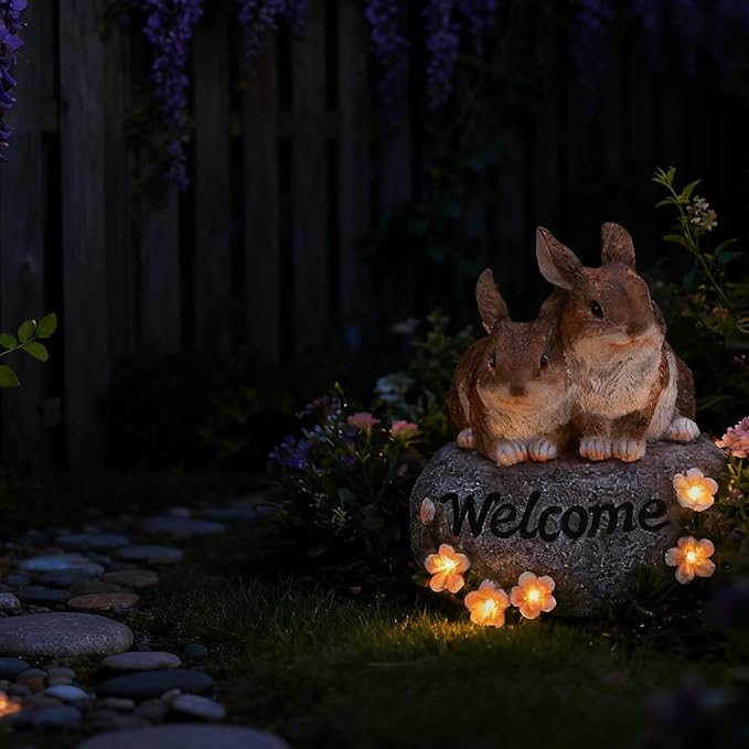 Solar Rabbit Garden Decor Outdoor Bunny Statue Welcome Sign Cute Resin Bunny Figurines for Yard Lawn Ornament Patio Porch Backyard Waterproof Decorative Gift for Women Bunny Lovers