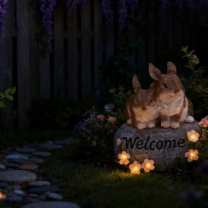Solar Rabbit Garden Decor Outdoor Bunny Statue Welcome Sign Cute Resin Bunny Figurines for Yard Lawn Ornament Patio Porch Backyard Waterproof Decorative Gift for Women Bunny Lovers