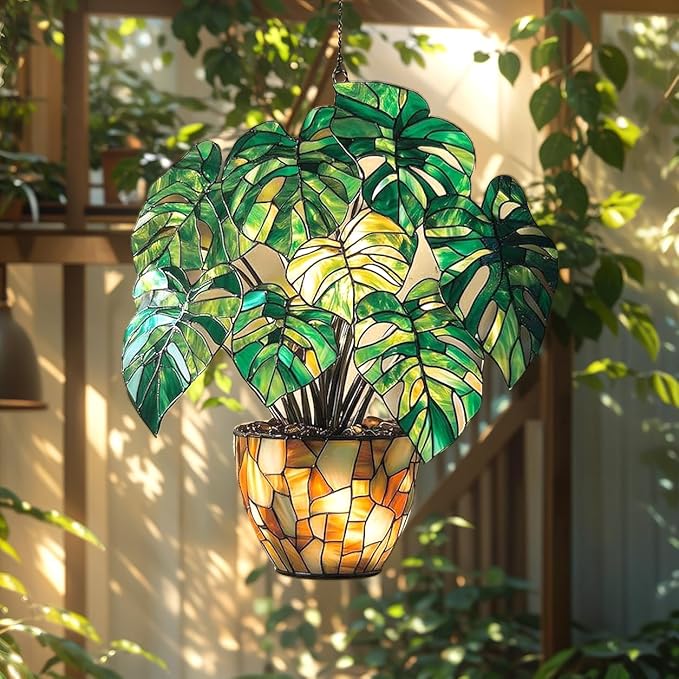 Monstera Pot Acrylic Suncatcher, Boho Suncatchers for Window Hanging Ornament, Stained Glass Effect Art Garden Decor for Nature Lover, Gifts for Mother's Day, Mom, Grandma, Wife, Women, Nana