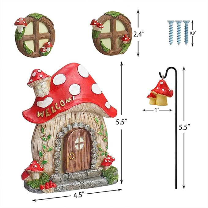 Fairy Garden Decor Fairy Door and Windows for Trees, Glow in The Dark Yard Sculpture Lawn Ornament Mini Garden Art Outdoor Decor Accessories with Lantern (B)