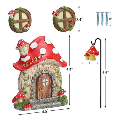 Fairy Garden Decor Fairy Door and Windows for Trees, Glow in The Dark Yard Sculpture Lawn Ornament Mini Garden Art Outdoor Decor Accessories with Lantern (B)