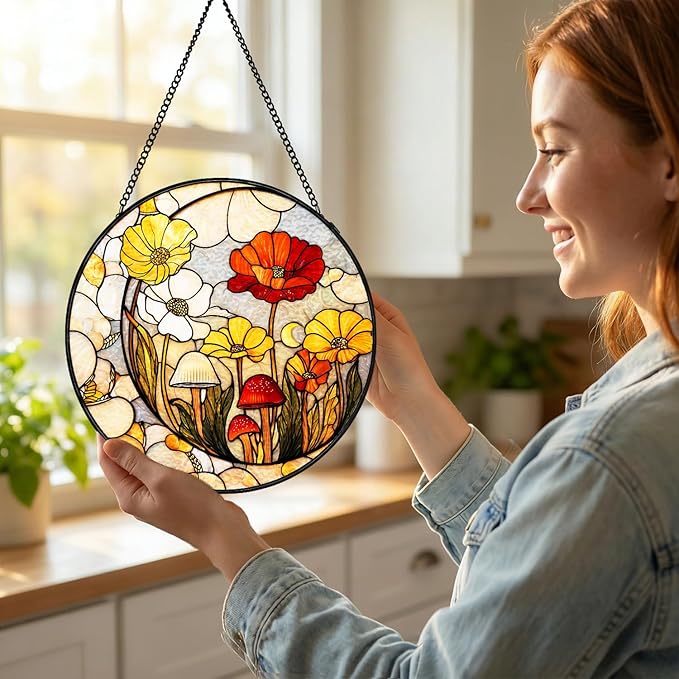 Stained Glass Sun Catcher Window Hanging - Mushroom Flower Plant Design, Well Made Indoor Home Decor for Mother's Day, Birthday, Christmas - Ideal for Women, Mom (Yellow) 7.8in