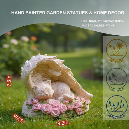 Elenon Cat Pet Memorial Stones Outdoor Statue, A Sleeping Cat Memorial Stones with Solar Light Garden Statue Decor, Pet Loss Sympathy Remembrance Grave Gifts