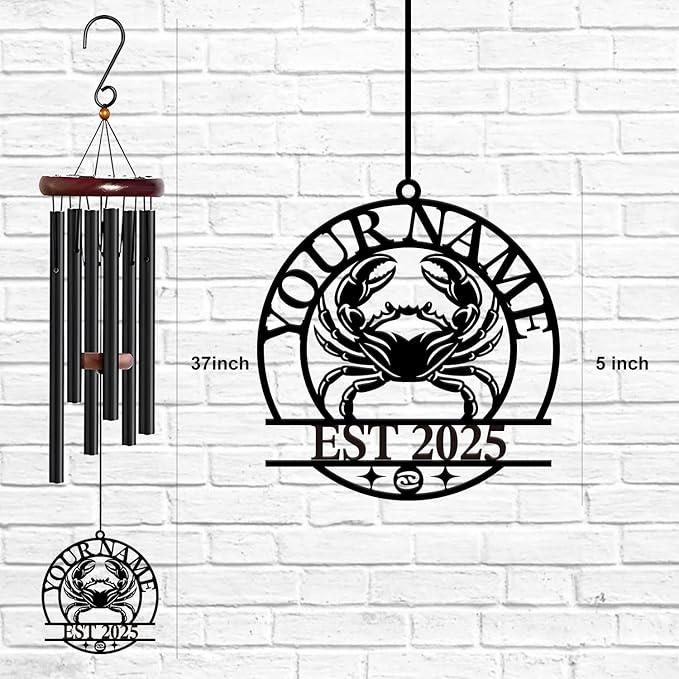 Personalized Customize Name 12 Zodiac Signs Wind Chime, Metal Iron 37 Inch Outdoor Memorial Gift for Garden Yard Patio Home Decor, Black (Cancer)