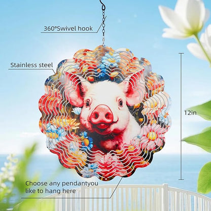 Pig Metal Wind Spinners Outdoor,Hanging Wind Spinner Garden Decor Birthday Gifts for Women Men,12 inch 3D Kinetic Sculpture for Backyard,Porch,Yard,Patio,Outside Decorations