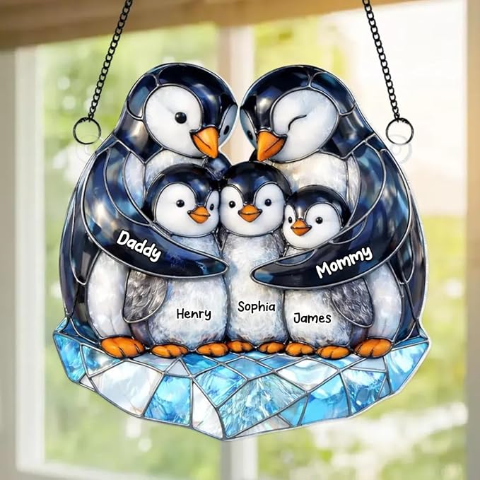 Personalized Penguin Family Acrylic Sun Catcher Ornament Gift for Grandma Mom Dad Grandpa, Custom Kids Names Window Decor, Mothers Day Birthday Gifts for Mimi Nana Papa from Grandkids