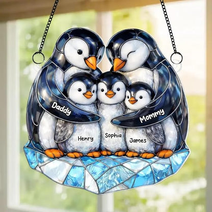 Personalized Penguin Family Acrylic Sun Catcher Ornament Gift for Grandma Mom Dad Grandpa, Custom Kids Names Window Decor, Mothers Day Birthday Gifts for Mimi Nana Papa from Grandkids