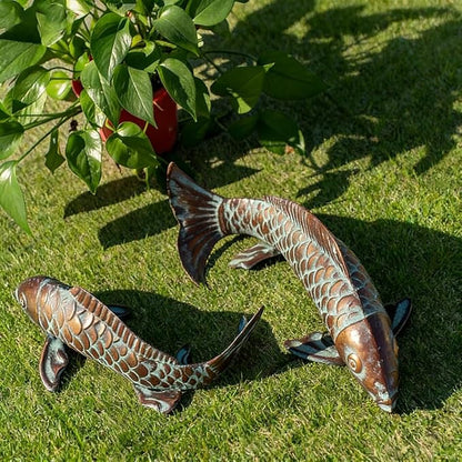 Set of 2 Large Antique Copper Koi Fish Statues Sculptures: Outdoor Metal Garden Decor for Pond, Patio, Yard, Lawn, and Home Décor, for Women, Mom, Grandma