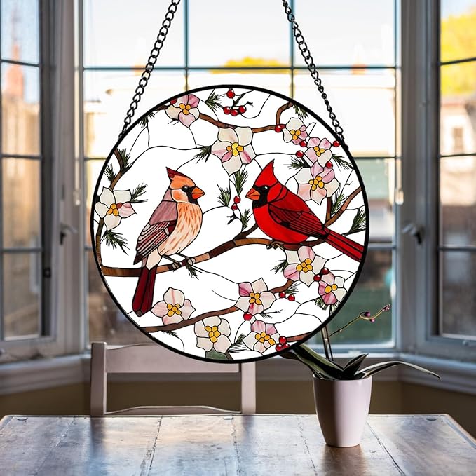 Cardinal Stained Glass Suncatcher Window Hanging - 8″ Handmade Red Bird Suncatchers for Windows Hanging - Sun Catchers Indoor Wall Decor Glass Panel with Hook -Cardinal Gift for Women Mom Bird Lovers