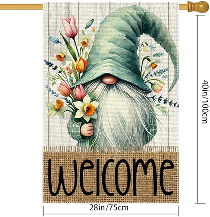 Welcome Spring Garden Flag 28x40 inch Burlap Double Sided Gnome Colorful Floral Small Summer Garden Flags Decorations For Outside Yard Home Outdoor Patio Lawn Decor (RMQ-186, 28"X40")