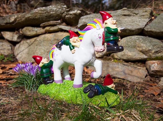BigMouth Inc Unicorn Attack Garden Gnome Statue, Funny Outdoor Lawn & Yard Figurine, Housewarming Gag Gift Sculpture Decorations