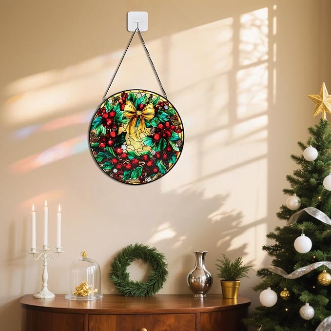 Stained Glass Window Hanging, Christmas Festive Holly and Red Berries Suncatcher for Doors Home Sun Catchers Decoration and Christmas, Mother's Day Birthday Gifts for Women, Men, and Mom
