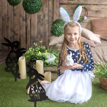 2pcs Easter Bunny Garden Stakes, Metal Rabbit Garden Decor Bunny Statue for Yard Animal Sculpture Decor Welcome Sign for Indoor Outdoor Patio Lawn