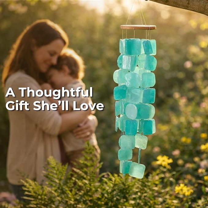 Solange & Frances Patio Decor, Garden Decor, Wind Chimes for Outdoors, Capiz Shells Windchimes for Outdoors. Unique, Gifts for Women (Turquoise)