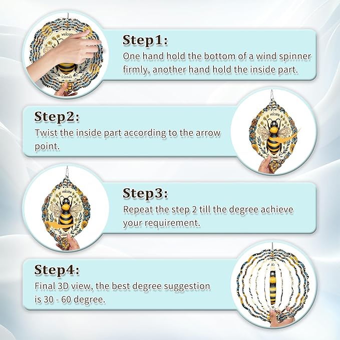 Bee Wind Spinners Outdoor, Hanging Wind Spinner for Garden Decoration, 8 inch 3D Stainless Steel Metal Wind Sculpture for Indoor/Outdoor Decor