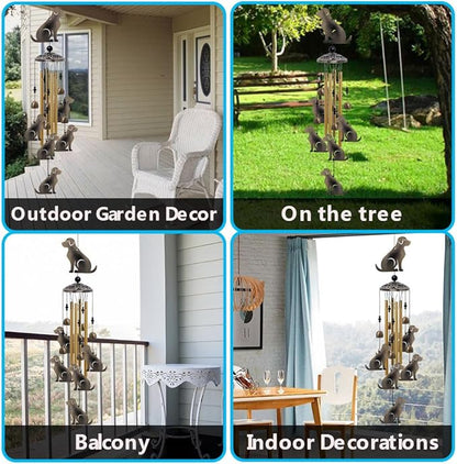 Garden Dog Wind Chimes Outdoor Indoor Decor - with 4 Tubes 7 Dogs Wind Chime, Mobile Romantic Wind Catcher, Bronze Wind Bells for Home, Mom Gifts, Balcony, Tree, Festival, Garden Decoration