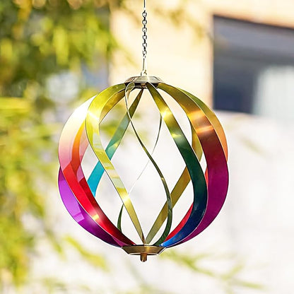 Hanging Wind Spinners Outdoor - Tool-Free Assembly Garden Wind Spinners, Spring Metal Yard Decor with Dual Hooks for DIY Accessories, Weatherproof Rust-Resistant 3D Ball(Rainbow, 8 Inch)