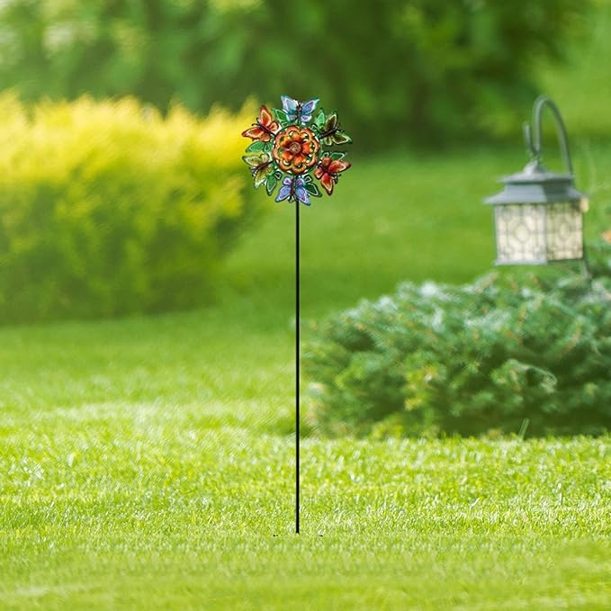 Generic Windmill Iron Art Statue Garden Yard Decoration Modern Outdoor Wind Sculptures with Garden Stake for Patio Backyard Lawn, Butterfly
