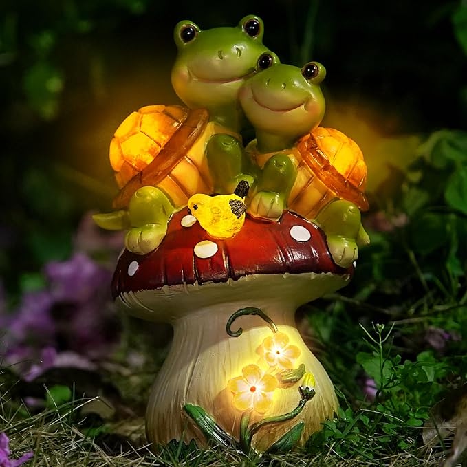 Solar Light Turtle Garden Statue, Turtle on Mushroom Figurine, Lovely Tortoise Garden Statue with 5 LED Lights for Patio, Balcony, Yard, Housewarming, Outdoor Lawn Decorations