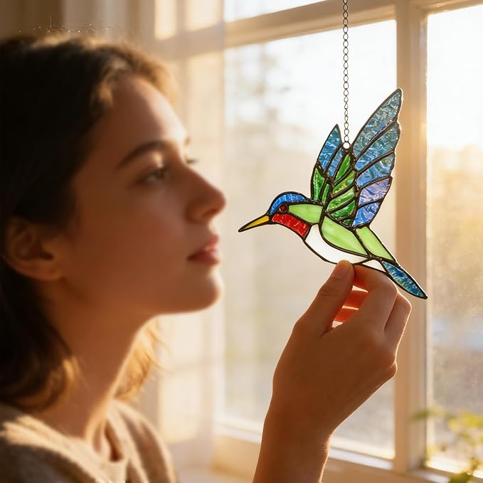 Hummingbird Stained Glass Suncatcher for Window Hanging Handmade Colorful Glass Bird Sun Catcher for Indoor Outdoor Decor,Ruby Throated Hummingbird Gift for Women,Mom,Nature Lovers