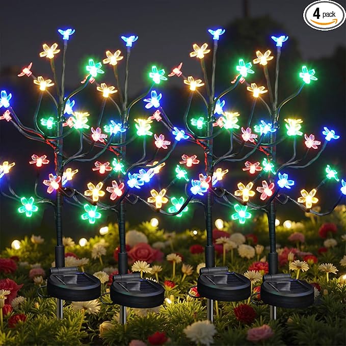 Solar Garden Lights Outdoor Waterproof,Garden Decor Solar Flowers For Outside Decorative,4Pack 2Modes Solar Powered Fairy Outdoor Decorations for Yard Patio Pathway, Gardening Gifts Mothers Day