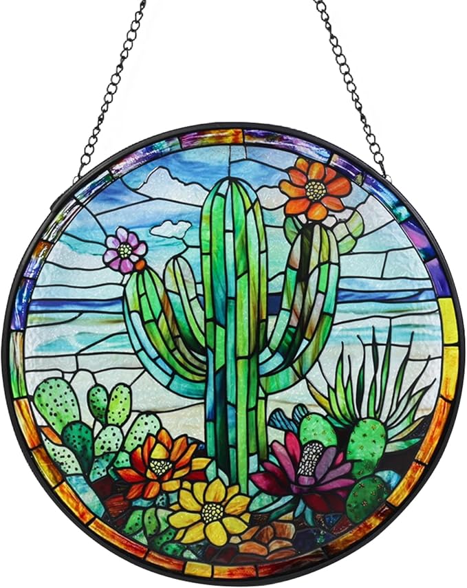 Cactus Stained Glass Window Hanging Suncatcher with Chain - 7.9" Arizona Outdoor/Indoor Art Decor for Home Garden, Thanksgiving, Wedding, Mother's, Valentine's & Christmas Ornaments Present