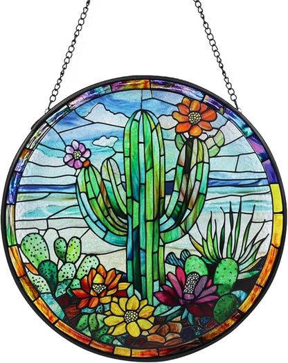 Cactus Stained Glass Window Hanging Suncatcher with Chain - 7.9" Arizona Outdoor/Indoor Art Decor for Home Garden, Thanksgiving, Wedding, Mother's, Valentine's & Christmas Ornaments Present