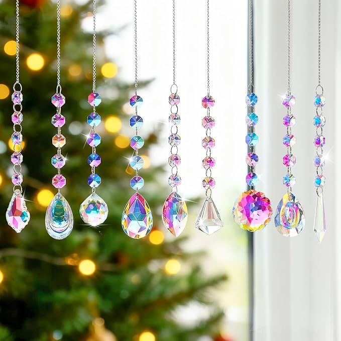 KANPURA 9 PCS Crystal Rainbow Suncatchers, Hanging Crystals Sun Catchers with Chain for Windows, Colorful Suncatcher Prism Pendant Hanging Crystals for Home Christmas Tree Decor