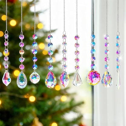KANPURA 9 PCS Crystal Rainbow Suncatchers, Hanging Crystals Sun Catchers with Chain for Windows, Colorful Suncatcher Prism Pendant Hanging Crystals for Home Christmas Tree Decor